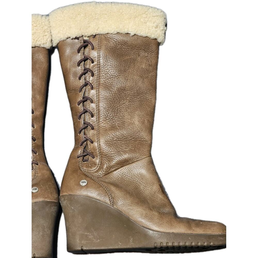 Ugg Boots Womens 7 Brown Leather Wedge Sheepskin Mid Calf Platform Boots - Picture 3 of 10